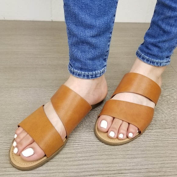 Shoes - Tan Vegan Leather Flat Comfort Sandal -H